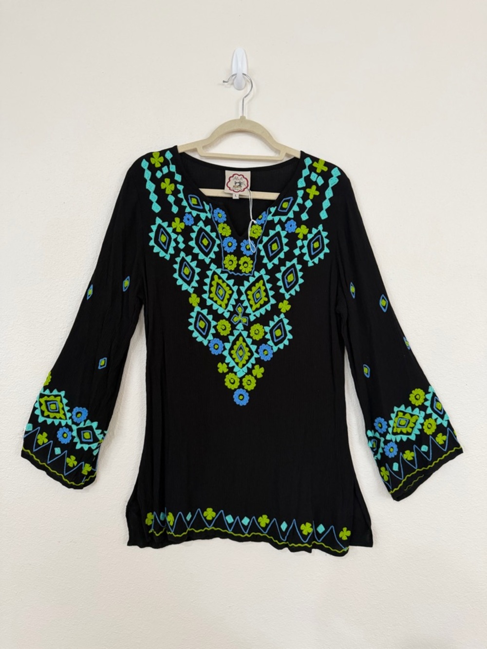 Black Embroidered Boho Tunic with Blue & Green Accents 100% Viscose